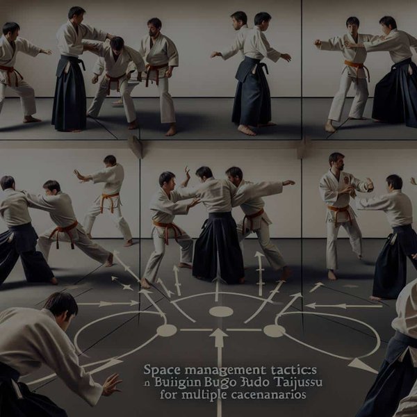 Quelles sont les tactiques de gestion de l'espace en combat multiple enseignées en Bujinkan Budo Taijutsu?